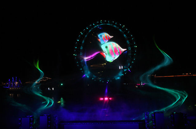 A hologram laser show at the water screen of the Big-O is seen during the opening ceremony of the Yeosu Expo on May 11. The Big-O Show starts at 9:30 pm every night throughout the exposition (photo: Yonhap News).