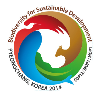 The logo for the 12th Meeting of the Conference of the Parties to the Convention on Biological Diversity (COP12) is composed of a circle combined with animal and plant motifs, signifying sustainable development and infiniteness. It symbolizes harmony between people, nature and the earth, the basis of all life. 