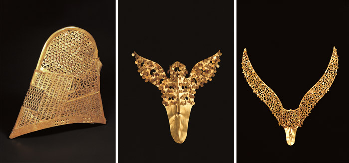 (Left) A gold cap, National Treasure No. 189; (center and left) gold cap ornaments. (courtesy of the Gyeongju National Museum)