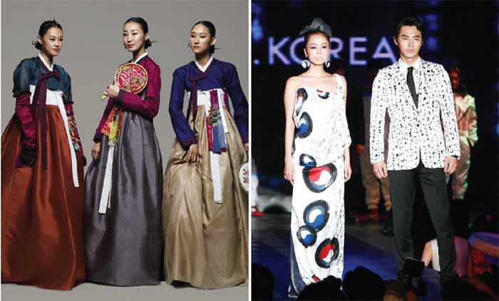 The creations of fashion designer Lee Young-hee (left). Lie Sang Bong introduced “Han-geul fashion” in his fashion show. (right)