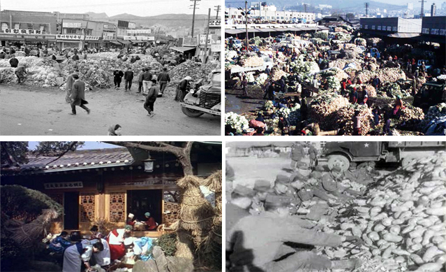 Clockwise from top left: A gimjang market in Ahyeon-dong, Seoul in 1963; a gimjang market in the Yongsan district of Seoul in 1977; soldiers sort through radishes to make gimjang in 1966; a promotional video introduces the proper method for making gimjang (photos courtesy of the National Archives of Korea).