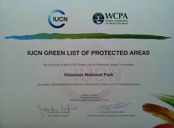 The IUCN Green List of Protected Areas certificates show Jirisan, Seoraksan and Odaesan mountains. 