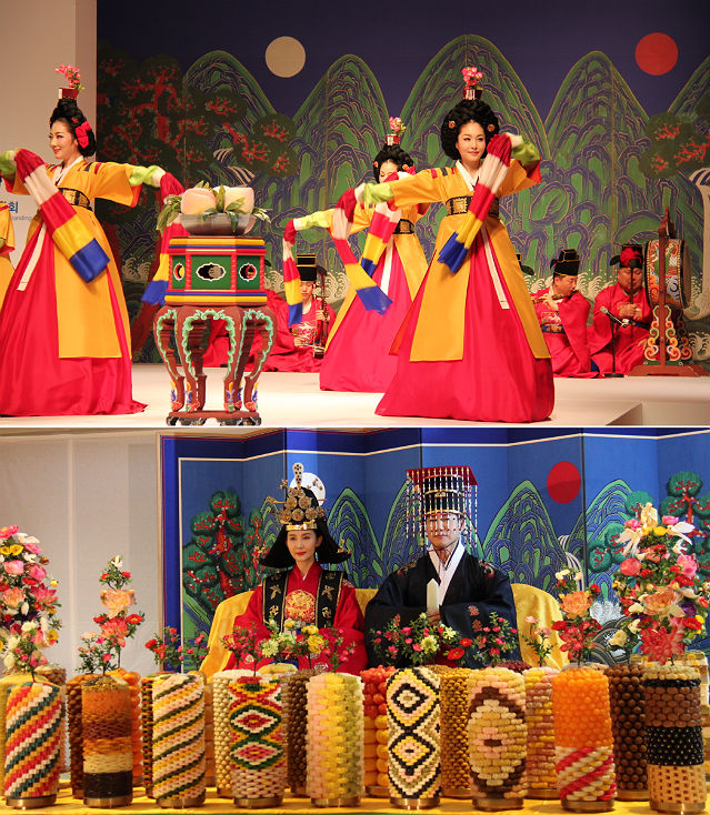 (above) Heonseondo is a Korean traditional royal court dance which represents the offering of a legendary peach that ripens every 3,000 years to the king for his longevity and good fortune; (below) Jinehchanan is a reinterpretation of the royal banquet.