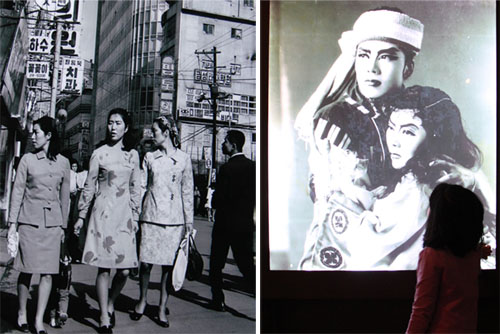 Well-dressed women walk down the main street in '70s-era Myeongdong (left). A young girl peers up at a scene from an all-female theatre production (right).