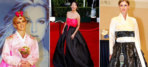 Britney Spears (left), Sandra Oh (center), and Nikky Hilton (right) are among the Hollywood stars who have shown their appreciation for Hanbok in recent years (photos: Yonhap News).