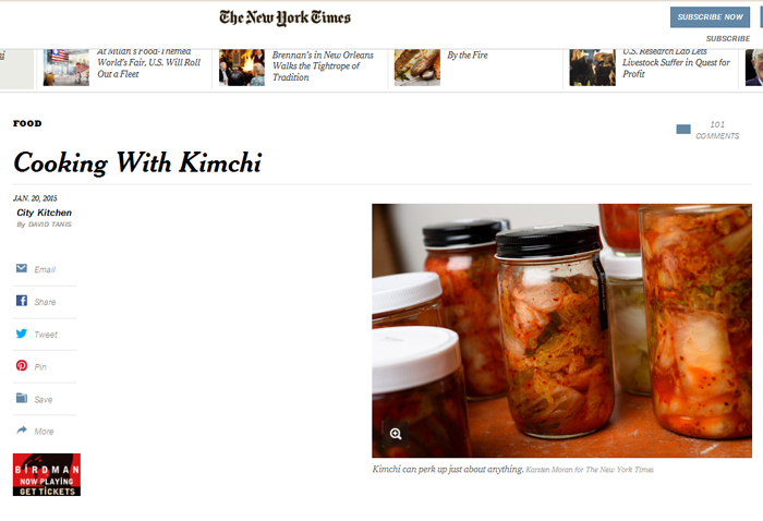 The New York Times reports in an article on January 20, 'Cooking With Kimchi,' that it is, 'eaten enthusiastically at every meal,' in Korea. 