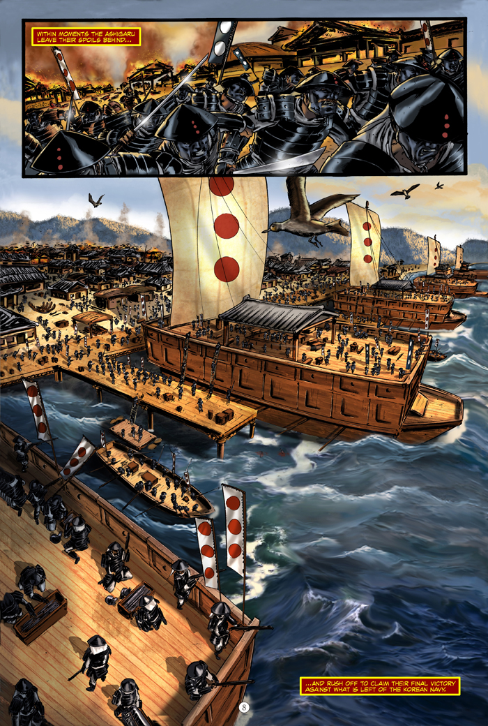 A page of Onrie Kompan's graphic novel about Admiral Yi. (image courtesy of Onrie Kompan)