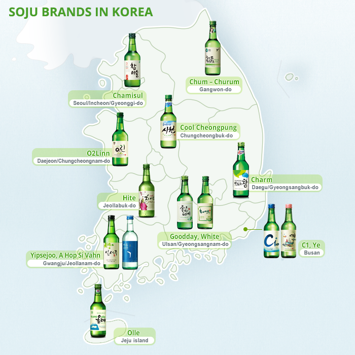 Various soju brands are produced and sold across the cities and provinces of Korea. 