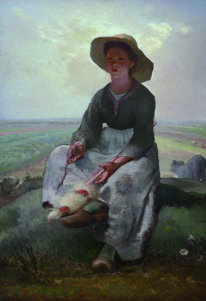 In 'Young Shepherdess,' a young peasant girl is about to begin spinning her wool into yarn as she keeps track of her flock. 