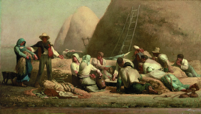 'Harvesters Resting (Ruth and Boaz)' shows a serene composition of heroic peasants. The double title of this painting refers to Millet's conception of a Biblical scene from the Book of Ruth in the Old Testament.
