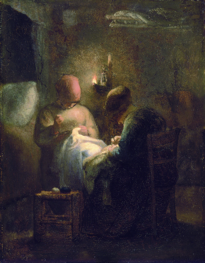 ‘ 'Young Woman Churning Butter'(top) and 'Knitting Lesson' depict intimate interior scenes in detail, showing the rustic domestic life. 