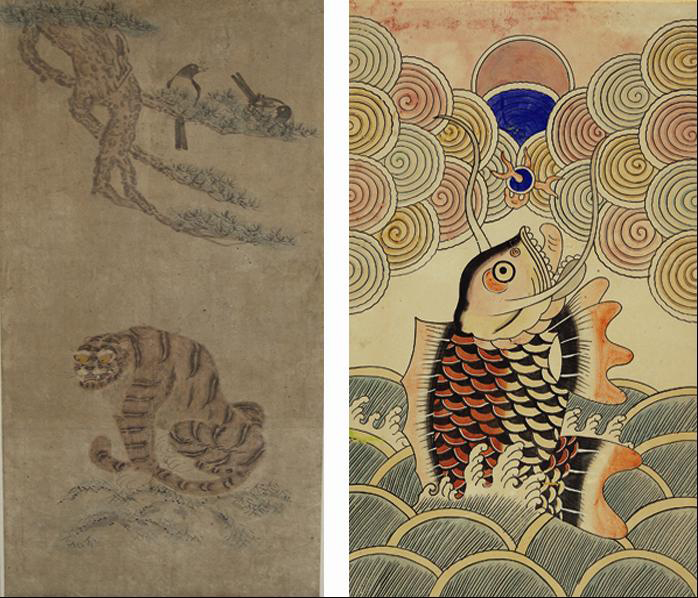 A folk painting known as Magpie and Tiger was painted to ward off bad spirits and pray for blessings (left); Eobyeonsungryongdo is a folk painting designed to wish for passing the civil servant exam of the Joseon and Goryeo dynasties and for a successful life (photo courtesy of the Joseon Folk Painting Museum).