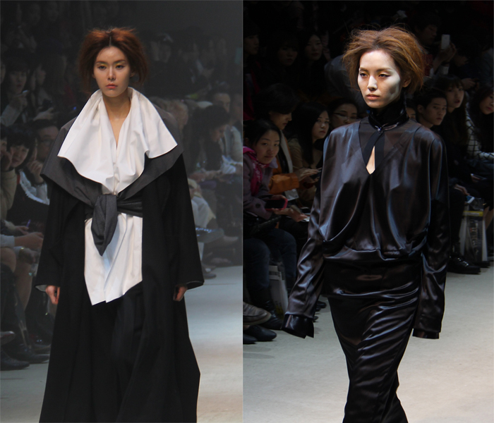 Models show off the chic and fashionable creations designed with only black and white, by Moon Young-hee (photo: Sohn Ji-ae). 