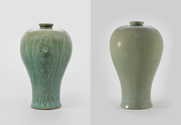 A plum blossom vase with inlaid chrysanthemums, peonies and bamboo (left) and another plum blossom vase engraved with lotus flowers and branches will be shown at the Museum of Oriental Ceramics in Osaka from Sept. 5 to Nov. 23.