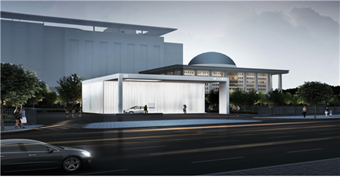 This is an artist’s concept of the hydrogen charging station to be built in front of the National Assembly in Seoul. This project tops the government’s list of agenda for the regulatory sandbox. (Ministry of Trade, Industry and Energy)