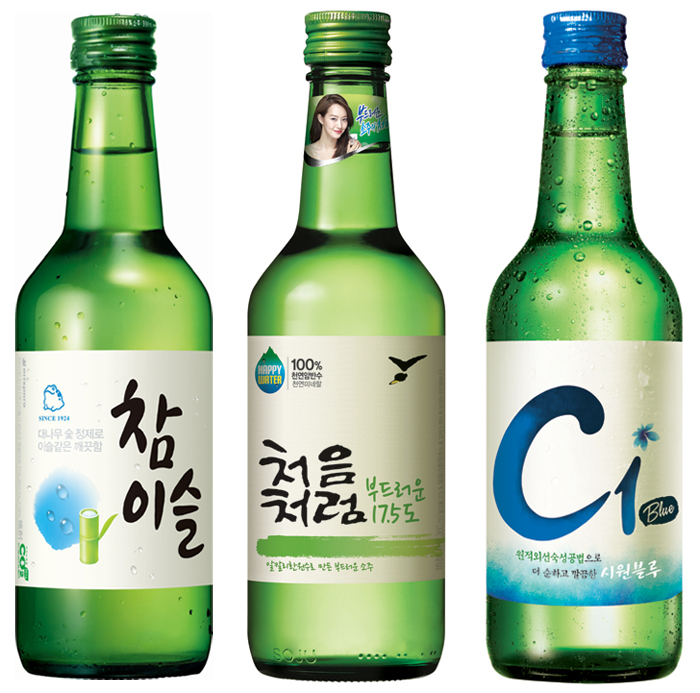 (From left) Hite Jinro's Chamisul, Lotte Chilsung Beverage's Chum-Churum and Daesun Distilling's C1 are three nation-wide brands of soju. 