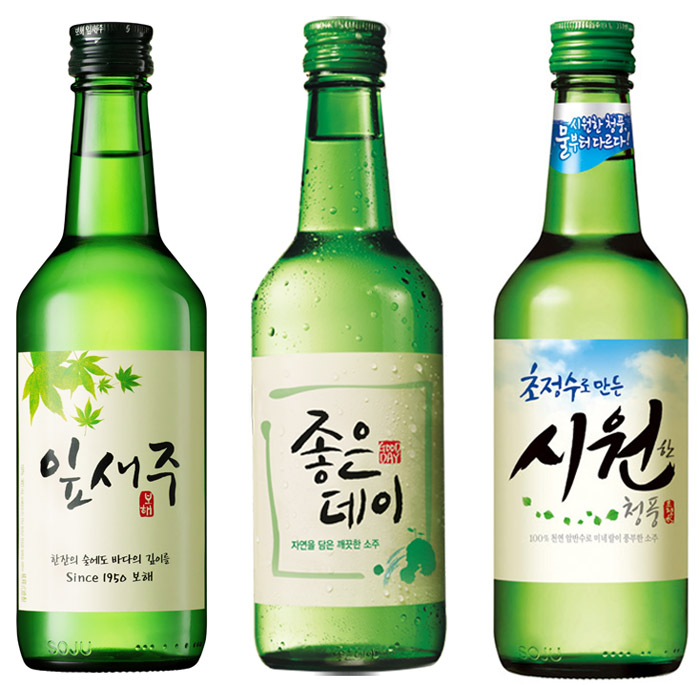 (From left) Bohae's Yipsejoo, Muhak's Goodday and Chungbuk Soju's Cool Cheongpung are three popular regional brands of soju. 
