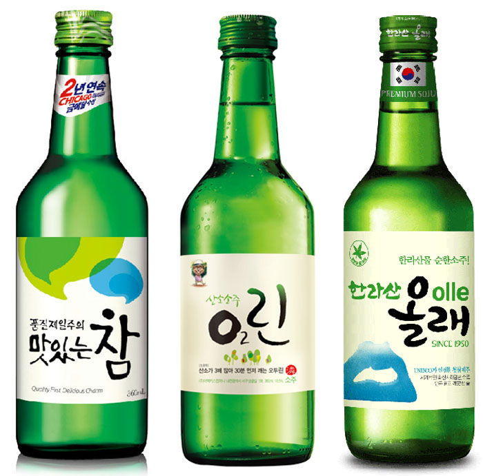 (From left) Kumbokju's Charm, Hallasan's Olle and Mackiss Company's O2Linn are three of the lesser-known brands of soju available across the country. 