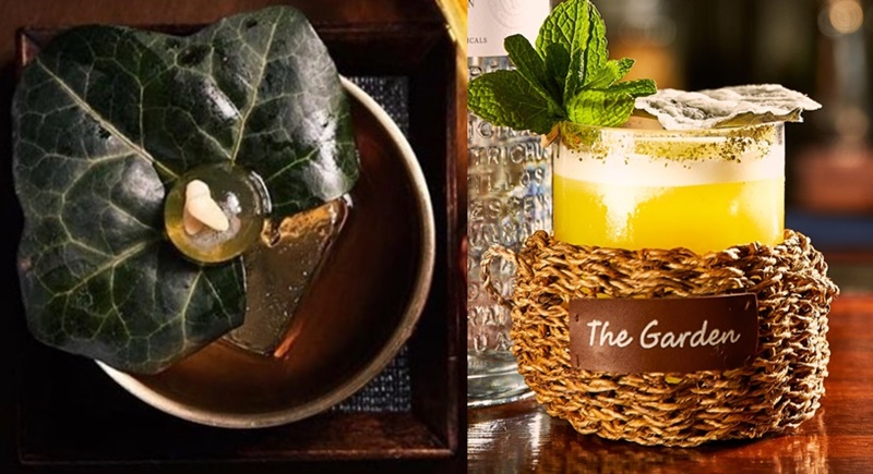 "Stay Here" (left) is a cocktail made of sujeonggwa (cinnamon punch) and "Green Thumb" (right) is like a Korean garden in a cocktail through the use of sugar-coated kkaennip (perilla leaves). (Alice Cheongdam)