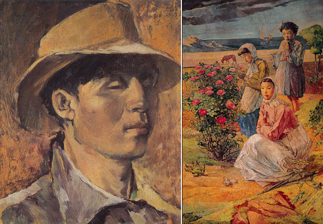 (left) Self-Portrait, 1950, Oil on wood panel, 26.5X21.8cm; (right) Sweet Brier Flowers, 1944, Oil on canvas, 228.5x146 cm (courtesy of NMOCA)