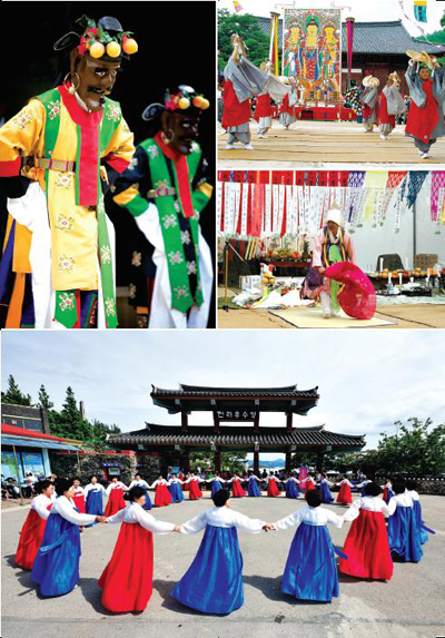 (Clockwise from top left) 1. Cheoyongmu refers to a dance carried out while wearing a mask of Cheoyong. 2. Yeongsanjae refers to a Buddhist ceremony that is generally conducted on the 49th day after a person’s death to help the soul of the deceased find its way into Nirvana. 3. Jeju Chilmeoridang Yeongdeunggut is a shaman ritual (gut) conducted at the Chilmeoridang Shrine located in Geonip-dong, Jeju. 4. The Ganggangsullae Circle Dance is a primitive art form combining song, dance, and music that can be likened to a Korean-style ballad dance. 