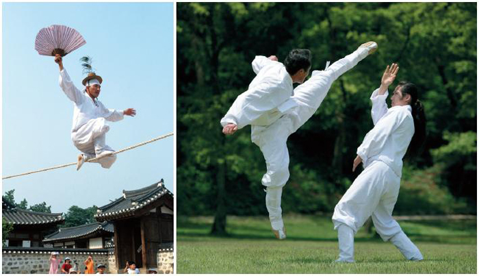 A master of Jultagi tightrope walking uses a fan to adjust his balance. (left) A traditional Korean martial art, Taekkyeon is characterized by fluid yet powerful movements of the hand and feet that allow fighters to subdue their opponents with swift force. (right)