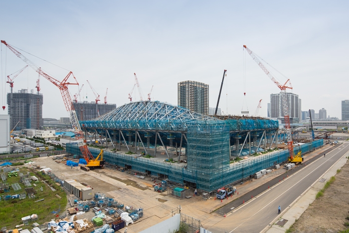 This photo of the construction site of Ariake Stadium, the venue for the gymnastics competition of the Tokyo 2020 Summer Olympics, was taken in June last year. The facility will be completed in October this year. (Tokyo Organizing Committee of Olympic and Paralympic Games)