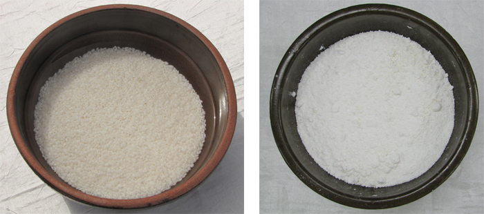 1. Wash regular rice and soak it overnight. (left) 2. Grind the rice.
