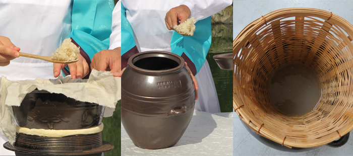 (From left) 1. Steam glutinous rice in a steamer lined with cotton cloth. 2. Put the steamed rice in the pot and leave it for seven days. 3. Strain it with a sieve.