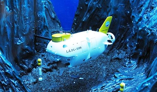 A life-sized model of Shinkai 6500, a manned submersible, is on display at the Yeosu Expo