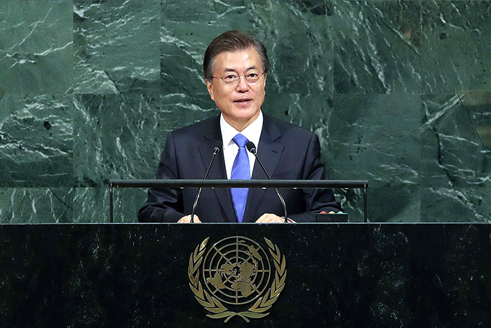 President Moon Jae-in stresses the meaning of Korea's Candlelight Revolution, as well as the policy priorities and diplomatic direction of his new government, in his keynote speech to the 72nd U.N. General Assembly at U.N. headquarters in New York on Sept. 21. He also introduces the peace-oriented inter-Korean policy goals of the Korean government.