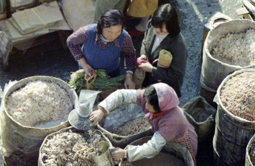 A vendor sells jeotgal, or various kinds of salted and fermented seafood, as seasonings for gimjang kimchi in 1977 (photo courtesy of the National Archives of Korea).