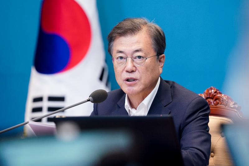 President Moon Jae-in speaks during a meeting of his senior secretaries
