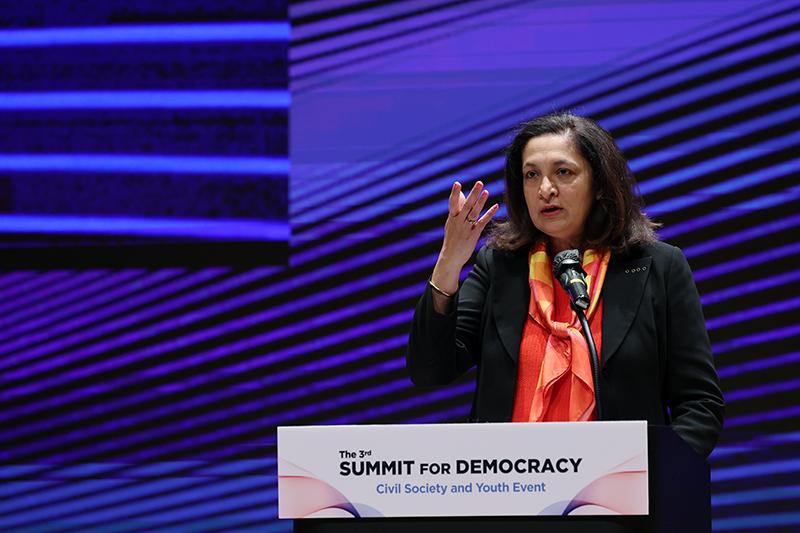 U.S. Under Secretary of State Uzra Zeya on March 19 gives a congratulatory speech at the Civic Society and Youth Event of the third Summit for Democracy at COEX Mall in Seoul's Gangnam-gu District.