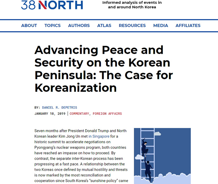A U.S.-based news website specializing in North Korea on Jan. 18 urged Washington to prioritize the settlement of enduring peace and prosperity on the Korean Peninsula. (Screen capture from 38 North’s homepage)