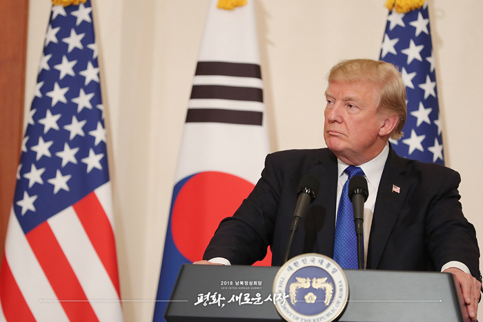 U.S. President Donald Trump on Nov. 7, 2017, speaks in a joint news conference during an official visit to South Korea.
