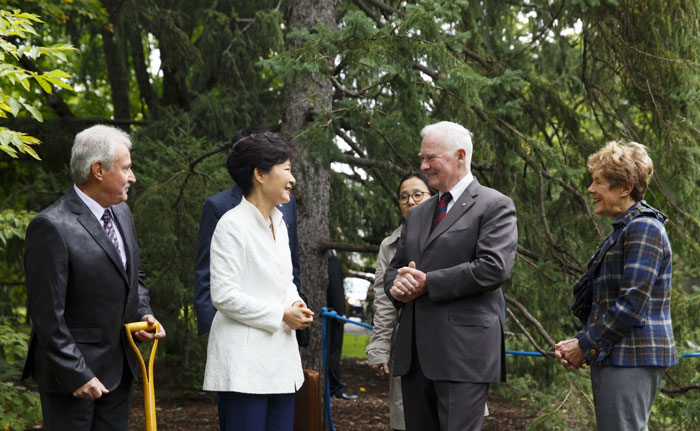 President Park Geun-hye (center) plants a tree in the garden of the official residence of Canada's governor general on September 22.