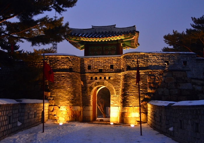Suwon Hwaseong Fortress at night.