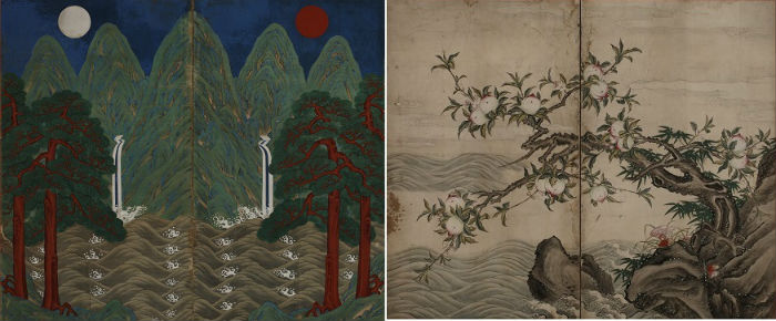 This royal decorative painting has the “Ilwolobongdo,” the Sun, Moon and Five Peaks, (left) on one side and the “Haebandodo,” Heavenly Peaches, on the flip side. 