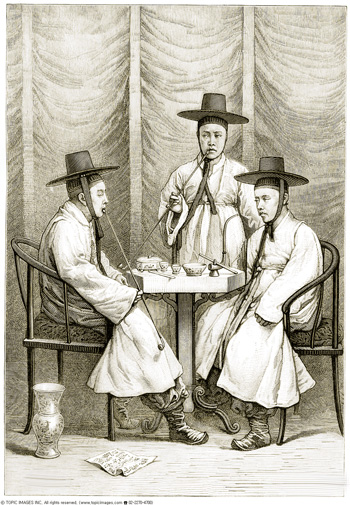 A picture of three Korean scholars wearing black horsehair hats, drawn by an unidentified Western visitor in 1895.