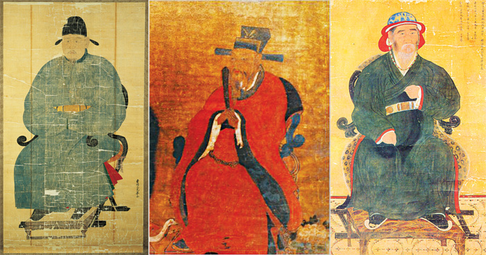 (From left) Jeong Mong-ju (1337-1392)(samo); King Gongmin (r.1351-1374)(bokdu); Yi Po (?-1373)(balip)