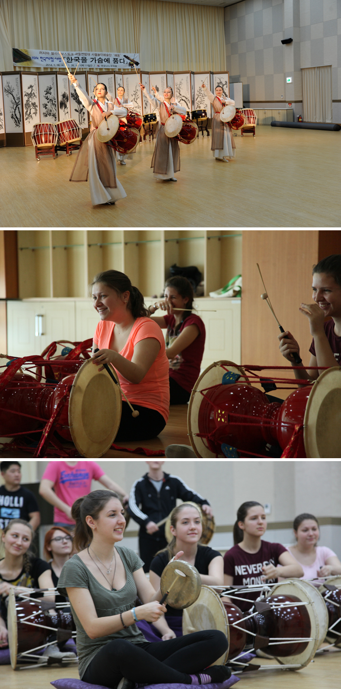 The Russian art troupe Haedong, from the Far Eastern Federal University in Vladivostok, visited the Jindo National Gugak Center on January 16 for an eleven-day program. They learned gugak and explored some popular travel destinations. (photos courtesy of the Jindo National Gugak Center)