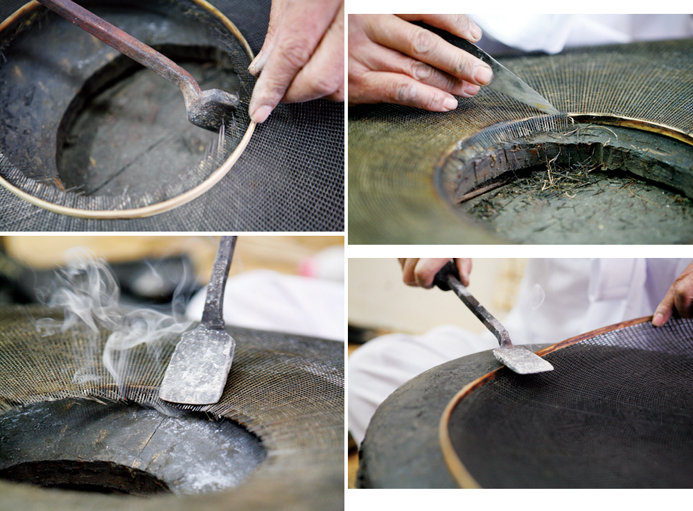 (Left) Attaching the jimitdae to the brim. (Right, top) Trimming the remaining of the brim attached to the jimitdae. (Right, bottom) Balancing the curves of the brim. 