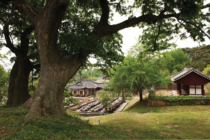 A picture of a traditional home with the jangdokdae in front of it, in Nondan, Chungcheongnam-do (South Chungcheong Province).