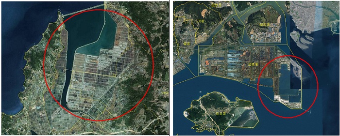 (Left) Around 30.8 square kilometers of land was created along the Goheungman Bay; (right) about 1.2 square kilometers of land were reclaimed at the Port of Gwangyang and at the industrial complex in South Jeolla Province. 