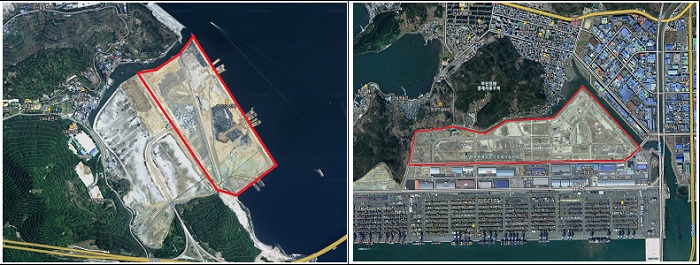 (Left) Around 1.2 square kilometers of land were reclaimed at the Port of Masan; (right) about 0.5 square kilometers of land were reclaimed along the hinterland of Jinhae Port, both in South Gyeongsang Province. 