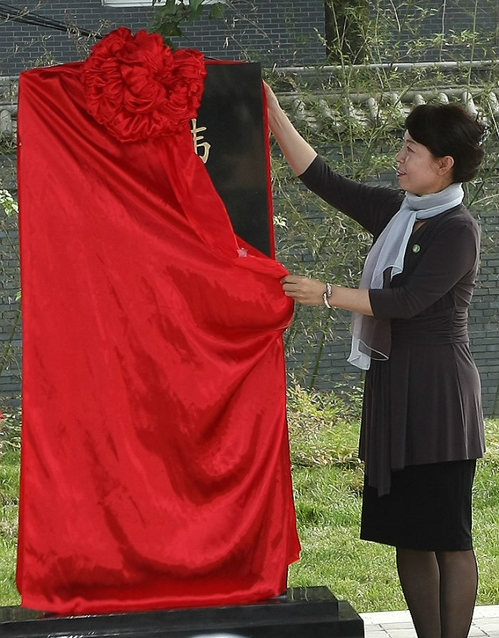 Shaanxi Vice-Governor Wang Lixia unveils the stone monument on May 29. (photos courtesy of the Ministry of Patriots and Veterans Affairs)