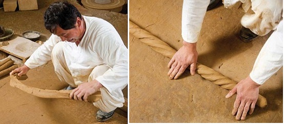 (Left) Strips of clay are used to form the final pottery urns; (right) Roll the strips of clay to form strips. 