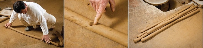 (Left) Form the clay into long rolls; (middle) The clay is formed into long rolls so as to better form the final pottery works; (right) Form the clay into long, thin rolls, to be used in the final pottery process.