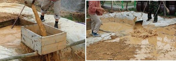(Left) Sift out any contaminants with a strainer; (right) Remove and dry the filtered clay-water slurry.